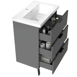 AICA Sanitaire Meuble de salle de bain mural avec pieds Anthracite 60 cm - 3 tiroirs, lavabo inclus,