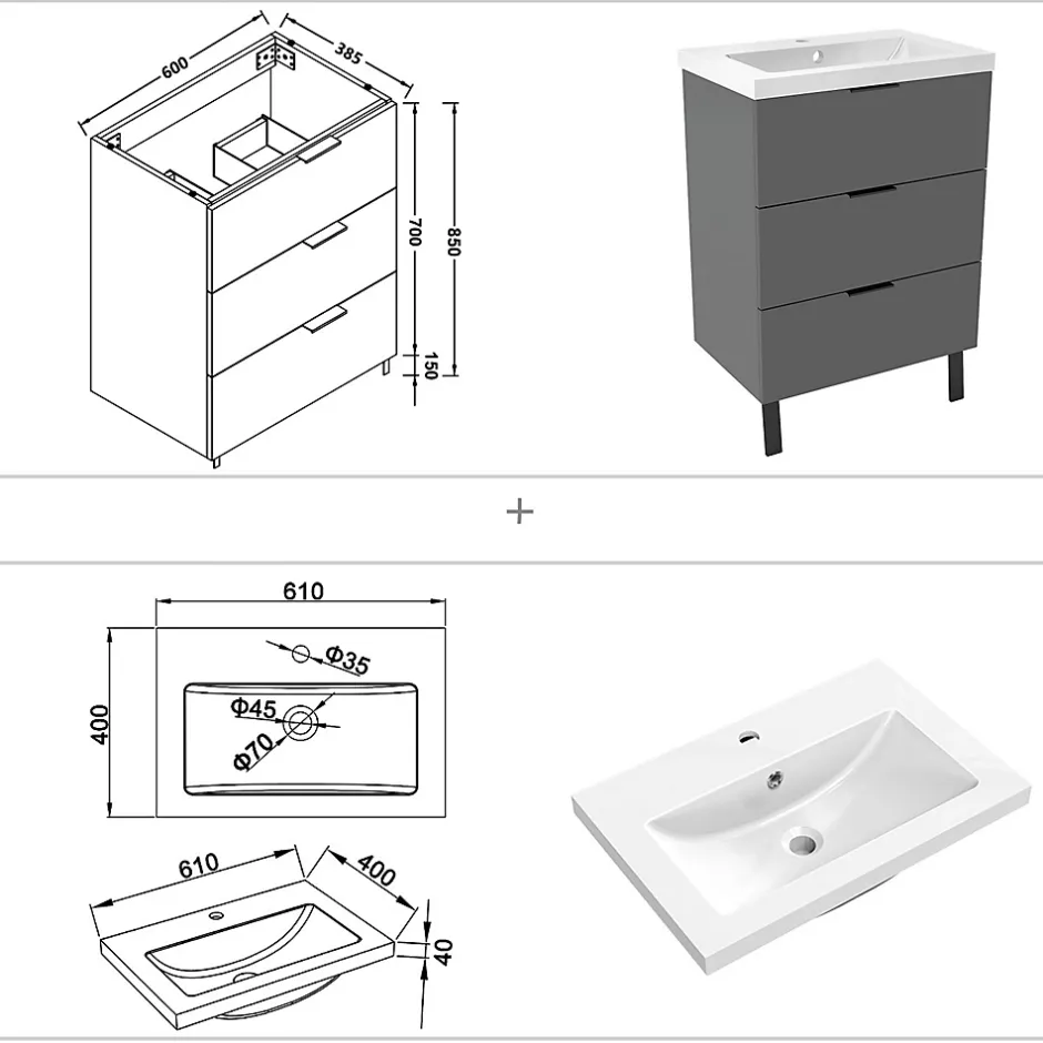 AICA Sanitaire Meuble de salle de bain mural avec pieds Anthracite 60 cm - 3 tiroirs, lavabo inclus,