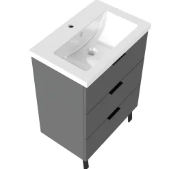 AICA Sanitaire Meuble de salle de bain mural avec pieds Anthracite 60 cm - 3 tiroirs, lavabo inclus,