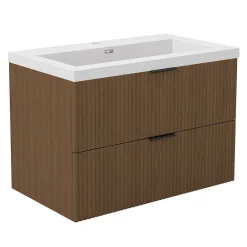 AICA Sanitaire Meuble de salle de bain mural 80 cm Noyer - 2 tiroirs, lavabo (jointless & résistant),