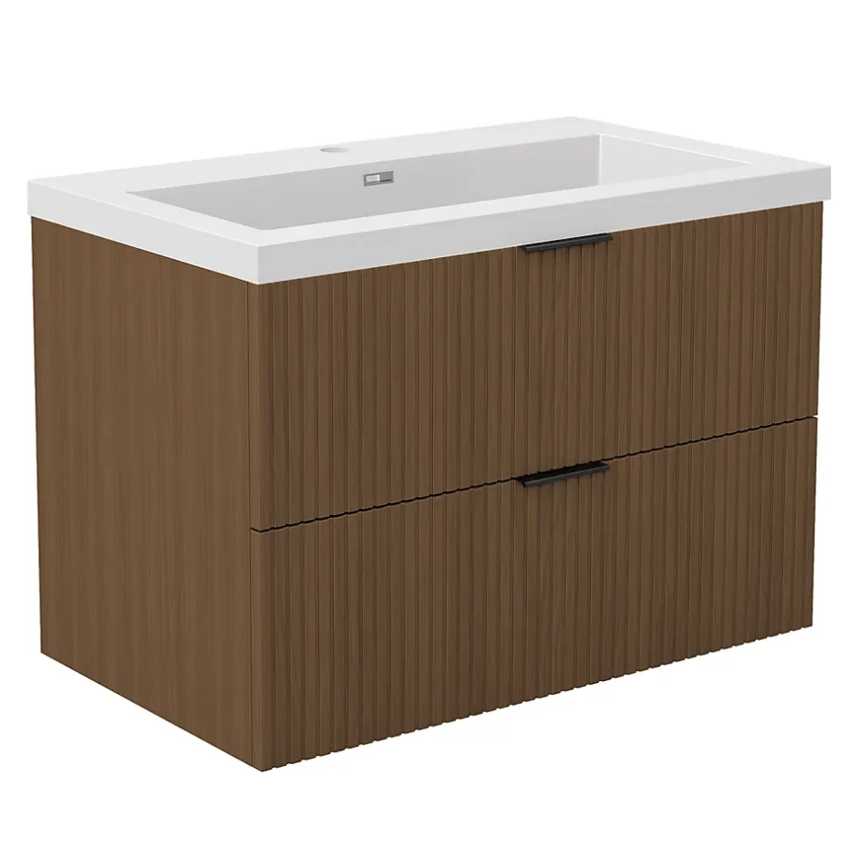 AICA Sanitaire Meuble de salle de bain mural 80 cm Noyer - 2 tiroirs, lavabo (jointless & résistant),