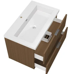 AICA Sanitaire Meuble de salle de bain mural 80 cm Noyer - 2 tiroirs, lavabo (jointless & résistant),