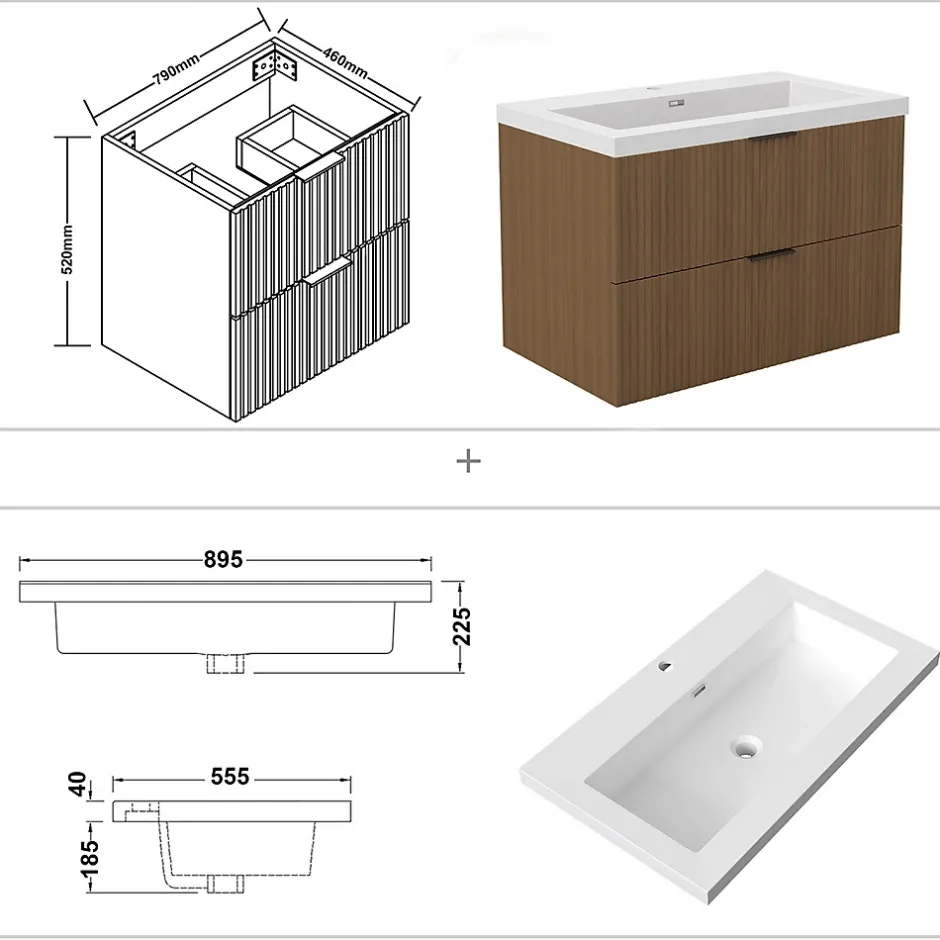 AICA Sanitaire Meuble de salle de bain mural 80 cm Noyer - 2 tiroirs, lavabo (jointless & résistant),