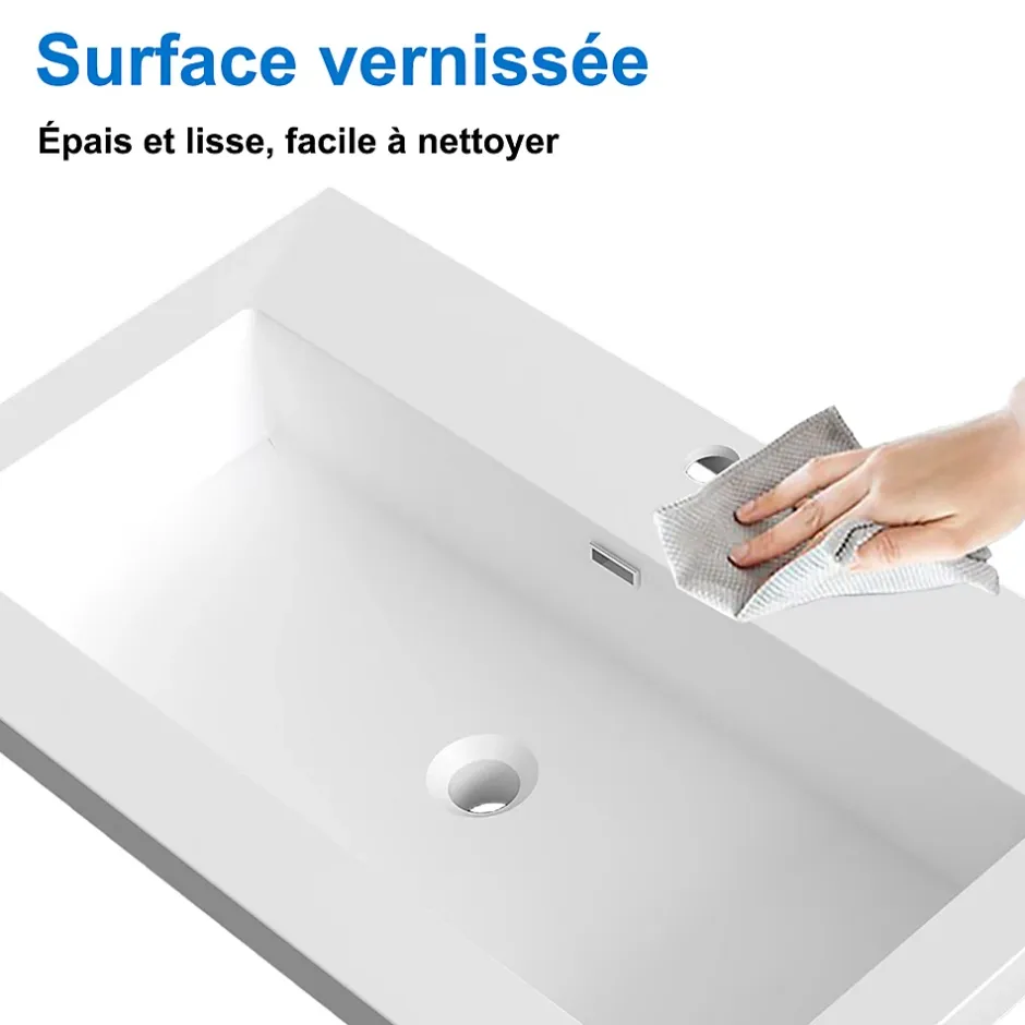 AICA Sanitaire Meuble de salle de bain mural 80 cm Noyer - 2 tiroirs, lavabo (jointless & résistant),