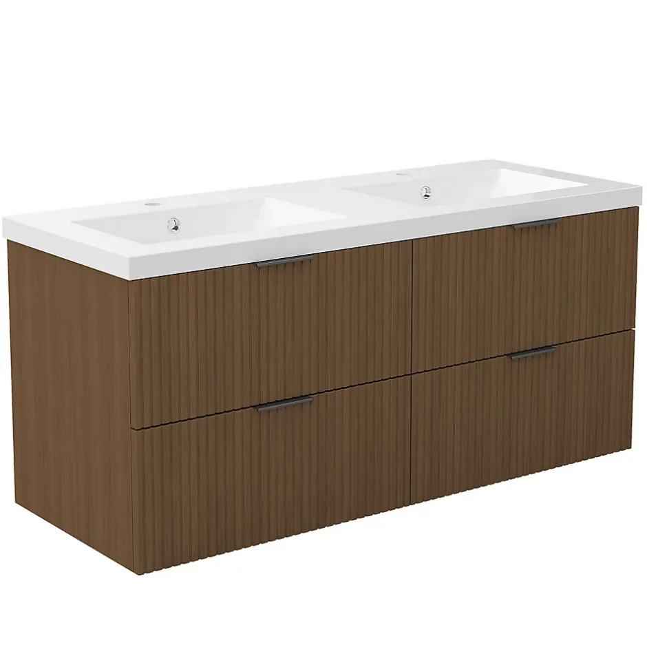AICA Sanitaire Meuble de salle de bain mural Noyer 120 cm - 4 tiroirs, lavabo inclus,
