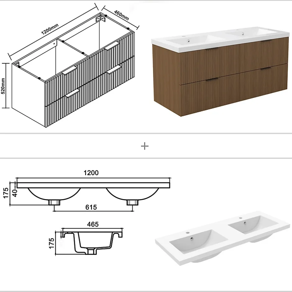 AICA Sanitaire Meuble de salle de bain mural Noyer 120 cm - 4 tiroirs, lavabo inclus,