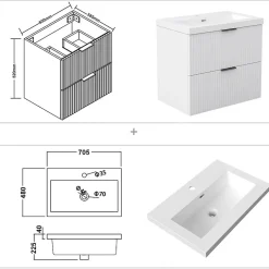 AICA Sanitaire Meuble de salle de bain mural 60 cm Blanc - 2 tiroirs, lavabo (jointless & résistant),* Meuble Vasque