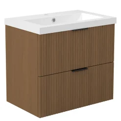 AICA Sanitaire Meuble de salle de bain mural Noyer 60 cm - 2 tiroirs, lavabo inclus,* Meuble Vasque