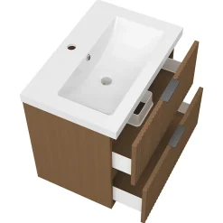 AICA Sanitaire Meuble de salle de bain mural Noyer 60 cm - 2 tiroirs, lavabo inclus,* Meuble Vasque