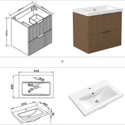 AICA Sanitaire Meuble de salle de bain mural Noyer 60 cm - 2 tiroirs, lavabo inclus,* Meuble Vasque