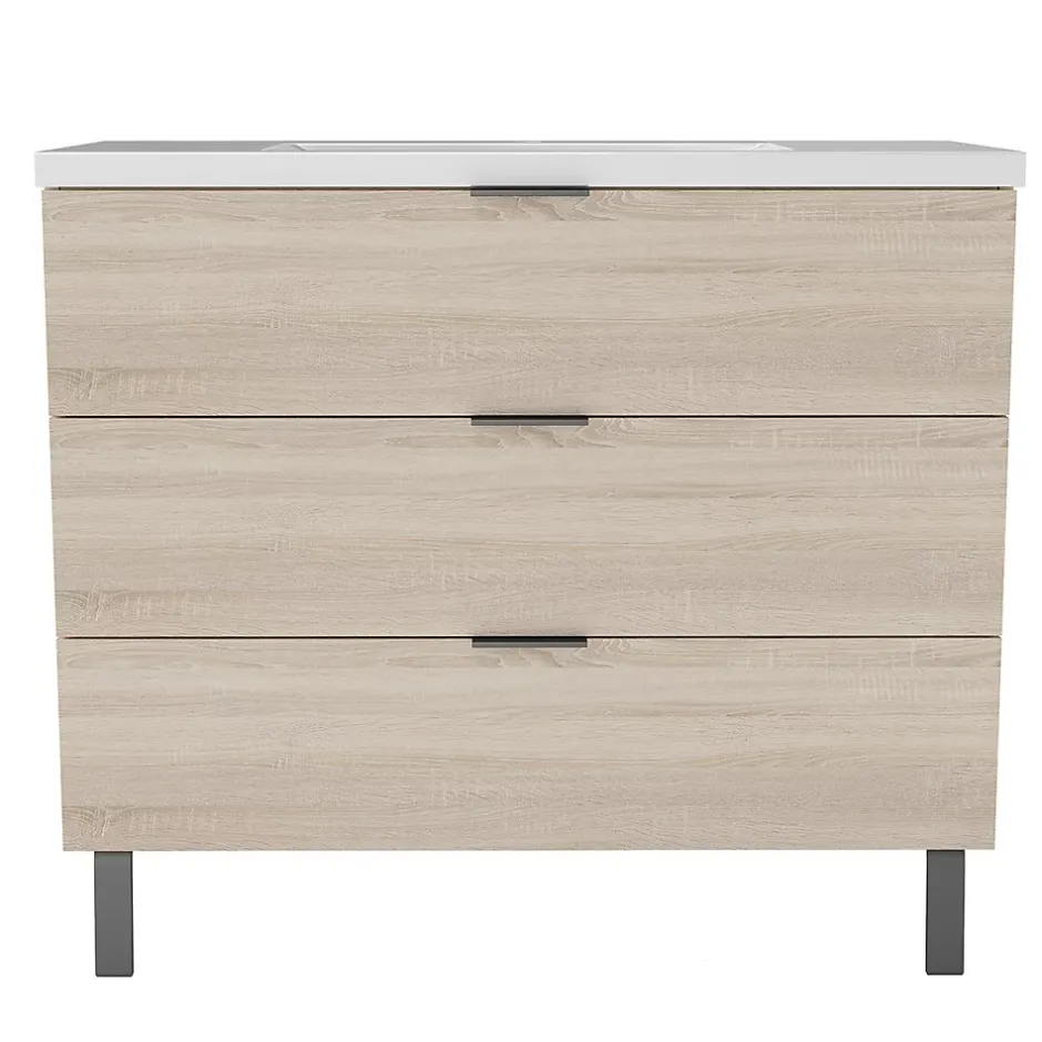AICA Sanitaire Meuble de salle de bain mural avec pieds Chêne 100 cm - 3 tiroirs, lavabo inclus,