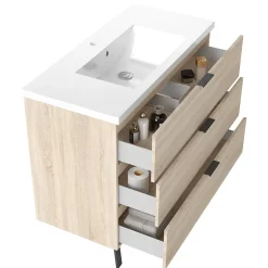 AICA Sanitaire Meuble de salle de bain mural avec pieds Chêne 100 cm - 3 tiroirs, lavabo inclus,