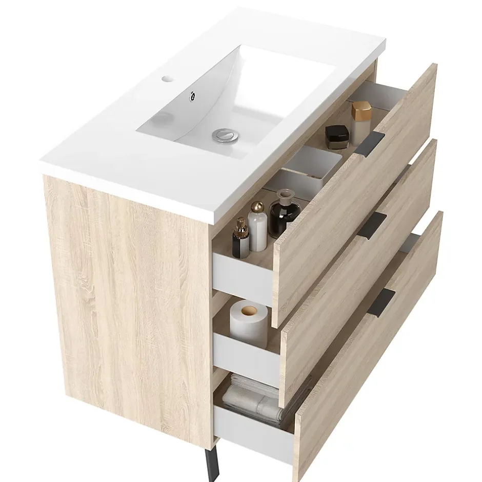 AICA Sanitaire Meuble de salle de bain mural avec pieds Chêne 100 cm - 3 tiroirs, lavabo inclus,