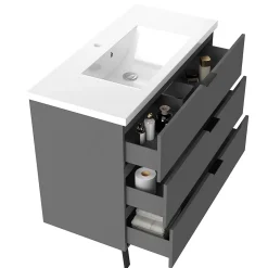 AICA Sanitaire Meuble de salle de bain mural avec pieds Anthracite 100 cm - 3 tiroirs, lavabo inclus,