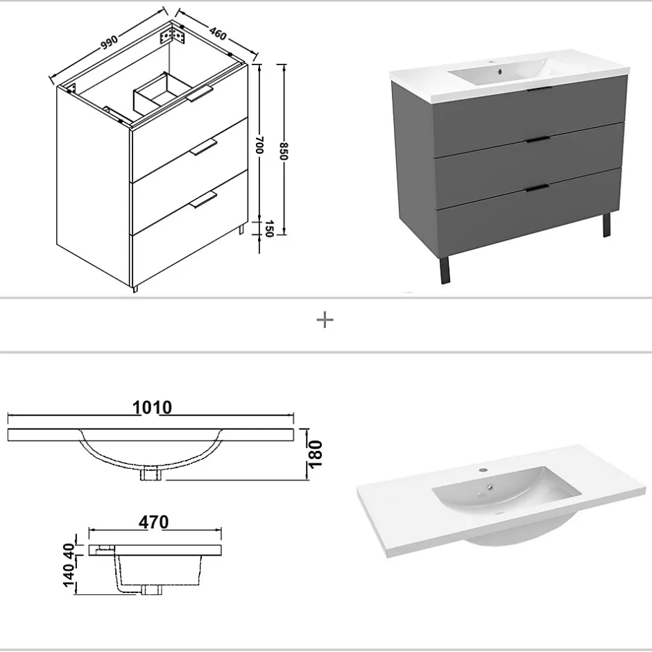 AICA Sanitaire Meuble de salle de bain mural avec pieds Anthracite 100 cm - 3 tiroirs, lavabo inclus,