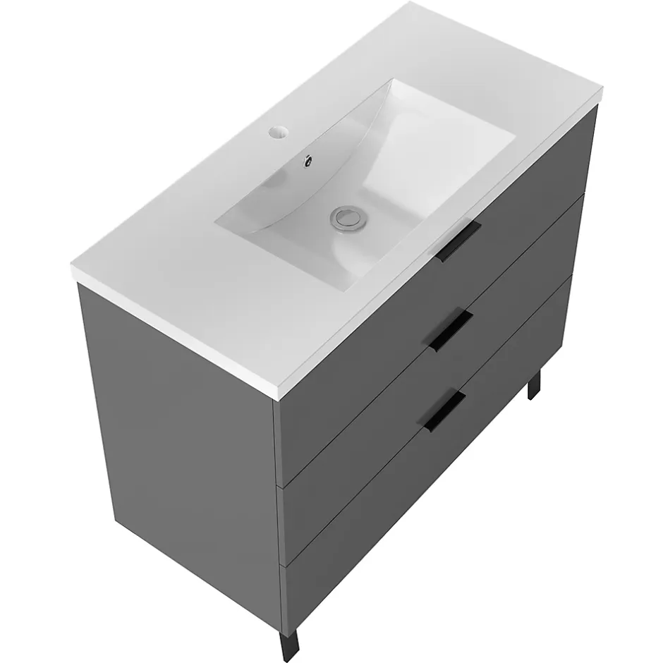 AICA Sanitaire Meuble de salle de bain mural avec pieds Anthracite 100 cm - 3 tiroirs, lavabo inclus,
