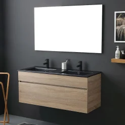Kiamami Valentina Meuble De Salle De Bain Mobile 120 Cm En Chêne Naturel Avec Double Lavabo Noir Mat - Soleil