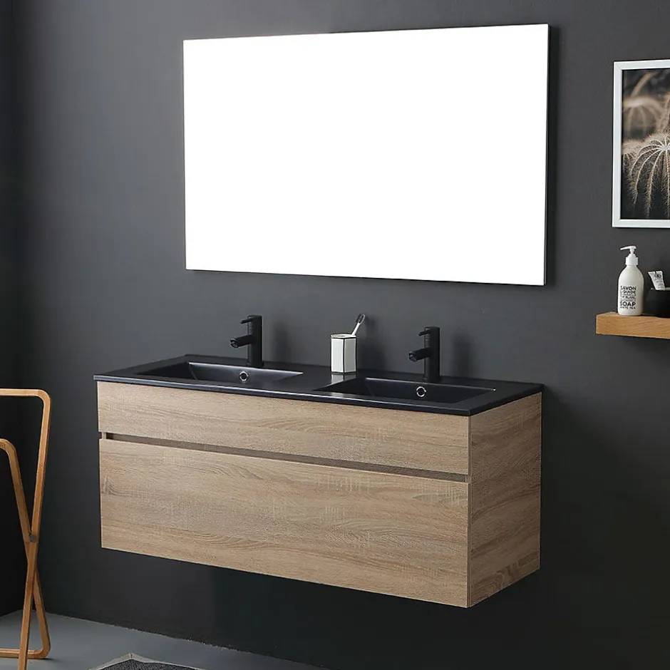 Kiamami Valentina Meuble De Salle De Bain Mobile 120 Cm En Chêne Naturel Avec Double Lavabo Noir Mat - Soleil