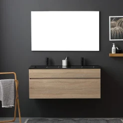 Kiamami Valentina Meuble De Salle De Bain Mobile 120 Cm En Chêne Naturel Avec Double Lavabo Noir Mat - Soleil