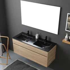 Kiamami Valentina Meuble De Salle De Bain Mobile 120 Cm En Chêne Naturel Avec Double Lavabo Noir Mat - Soleil