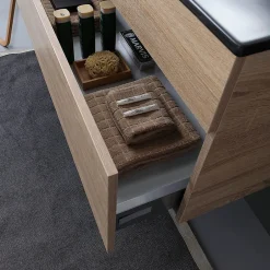 Kiamami Valentina Meuble De Salle De Bain Mobile 120 Cm En Chêne Naturel Avec Double Lavabo Noir Mat - Soleil
