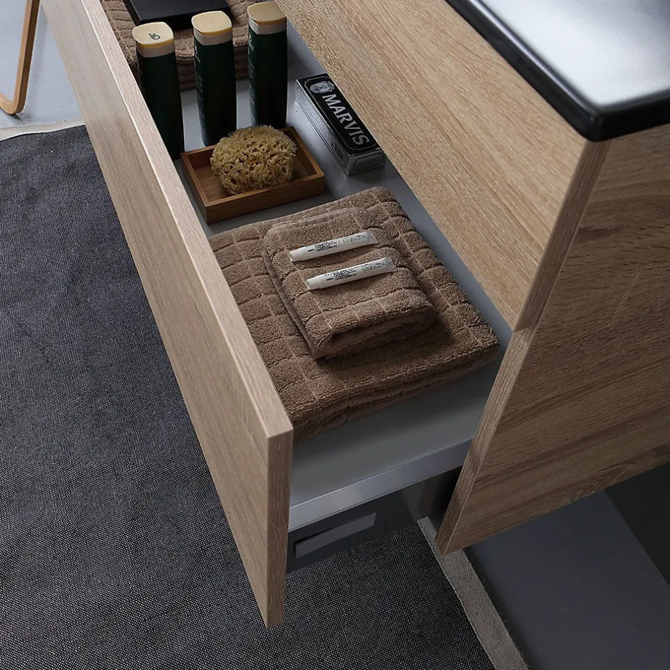 Kiamami Valentina Meuble De Salle De Bain Mobile 120 Cm En Chêne Naturel Avec Double Lavabo Noir Mat - Soleil