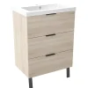 AICA Sanitaire Meuble de salle de bain mural avec pieds Chêne 60 cm - 3 tiroirs, lavabo inclus,