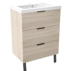 AICA Sanitaire Meuble de salle de bain mural avec pieds Chêne 60 cm - 3 tiroirs, lavabo inclus,