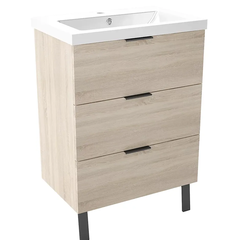 AICA Sanitaire Meuble de salle de bain mural avec pieds Chêne 60 cm - 3 tiroirs, lavabo inclus,