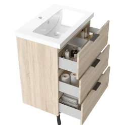 AICA Sanitaire Meuble de salle de bain mural avec pieds Chêne 60 cm - 3 tiroirs, lavabo inclus,