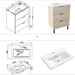 AICA Sanitaire Meuble de salle de bain mural avec pieds Chêne 60 cm - 3 tiroirs, lavabo inclus,