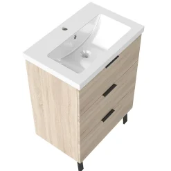 AICA Sanitaire Meuble de salle de bain mural avec pieds Chêne 60 cm - 3 tiroirs, lavabo inclus,