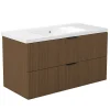 AICA Sanitaire Meuble de salle de bain mural 100 cm Noyer - 2 tiroirs + Lavabo Céramique,