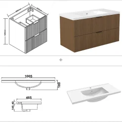 AICA Sanitaire Meuble de salle de bain mural 100 cm Noyer - 2 tiroirs + Lavabo Céramique,