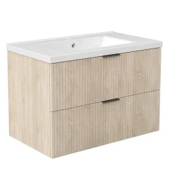 AICA Sanitaire Meuble de salle de bain mural 80 cm Chêne - 2 tiroirs + Lavabo Céramique,
