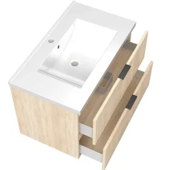 AICA Sanitaire Meuble de salle de bain mural 80 cm Chêne - 2 tiroirs + Lavabo Céramique,