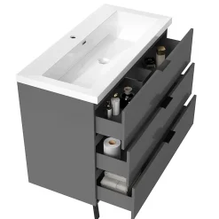 AICA Sanitaire Meuble de salle de bain mural avec pieds 100 cm Anthracite - 3 tiroirs, lavabo (jointless & résistant),