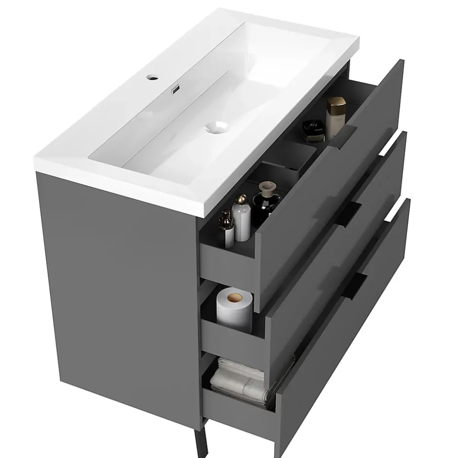 AICA Sanitaire Meuble de salle de bain mural avec pieds 100 cm Anthracite - 3 tiroirs, lavabo (jointless & résistant),