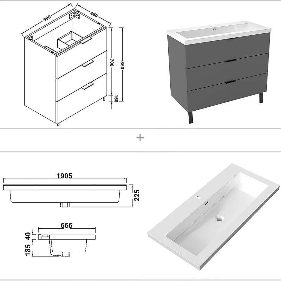 AICA Sanitaire Meuble de salle de bain mural avec pieds 100 cm Anthracite - 3 tiroirs, lavabo (jointless & résistant),