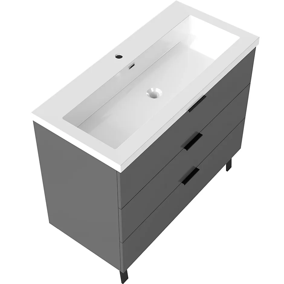 AICA Sanitaire Meuble de salle de bain mural avec pieds 100 cm Anthracite - 3 tiroirs, lavabo (jointless & résistant),