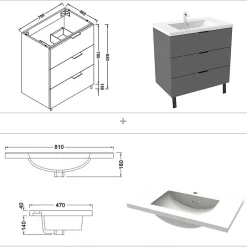 AICA Sanitaire Meuble de salle de bain mural avec pieds Anthracite 80 cm - 3 tiroirs, lavabo inclus,* Meuble Vasque