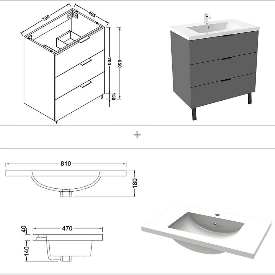 AICA Sanitaire Meuble de salle de bain mural avec pieds Anthracite 80 cm - 3 tiroirs, lavabo inclus,* Meuble Vasque