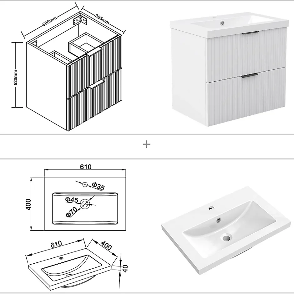AICA Sanitaire Meuble de salle de bain mural Blanc 60 cm - 2 tiroirs, lavabo inclus,