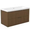 AICA Sanitaire Meuble de salle de bain mural 100 cm Noyer - 2 tiroirs, lavabo (jointless & résistant),