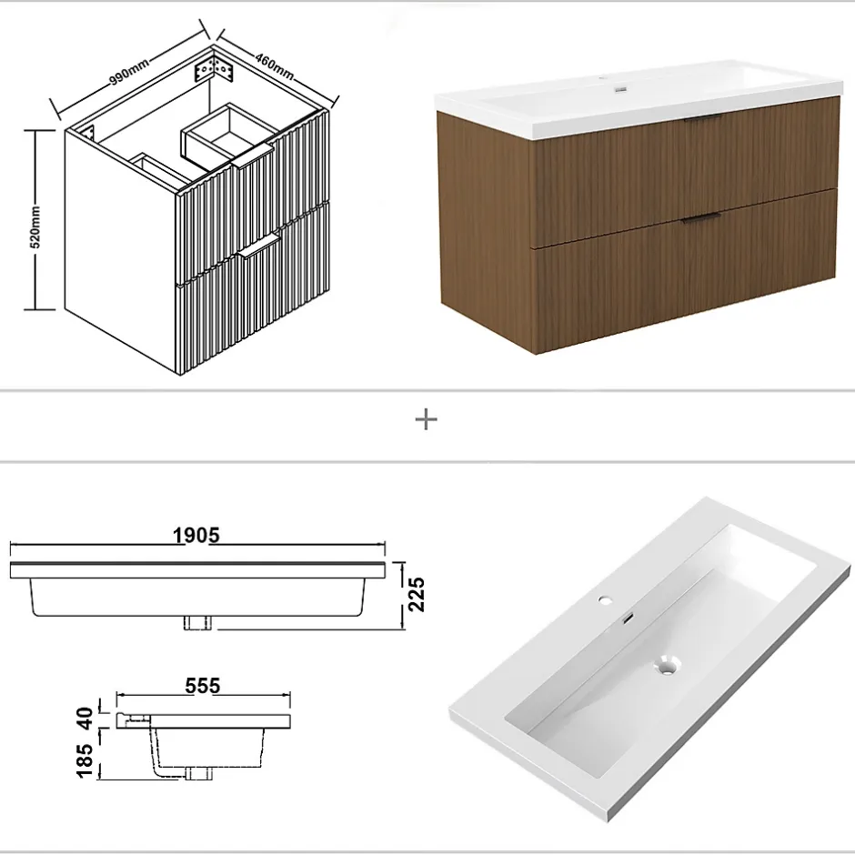 AICA Sanitaire Meuble de salle de bain mural 100 cm Noyer - 2 tiroirs, lavabo (jointless & résistant),