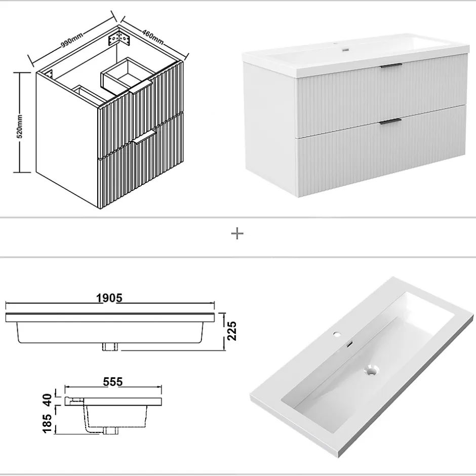 AICA Sanitaire Meuble de salle de bain mural 100 cm Blanc - 2 tiroirs, lavabo (jointless & résistant),* Meuble Vasque
