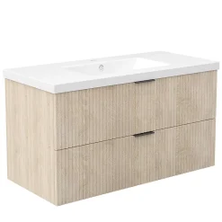 AICA Sanitaire Meuble de salle de bain mural Chêne 100 cm - 2 tiroirs, lavabo inclus,
