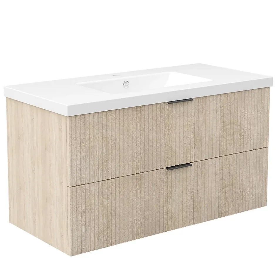 AICA Sanitaire Meuble de salle de bain mural Chêne 100 cm - 2 tiroirs, lavabo inclus,