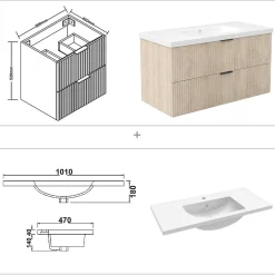 AICA Sanitaire Meuble de salle de bain mural Chêne 100 cm - 2 tiroirs, lavabo inclus,