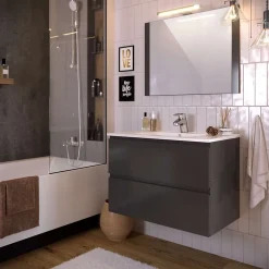 T-Bath Meuble de salle de bain NELI 2 tiroirs 80 cm anthracite Inclus lavabo, miroir et applique LED* Ensemble Meuble De Salle De Bains